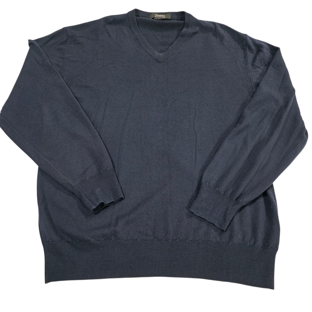 Giorgiolini Sweater Mens Dark Navy L 100% Wool‎ Merino Extrafine V-Neck Casual